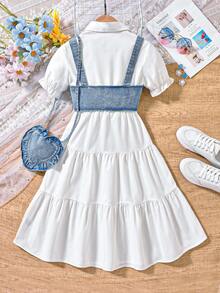 SHEIN Vestido de camisa de manga abullonada y dobladillo con ribete de volantes y bolsa 2 en 1 para niñas preadolescentes - Blanco - Ver 2