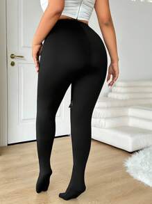 SHEIN EZwear 大码女士情人节服装，黑色网眼蕾丝边打底裤，春夏服装