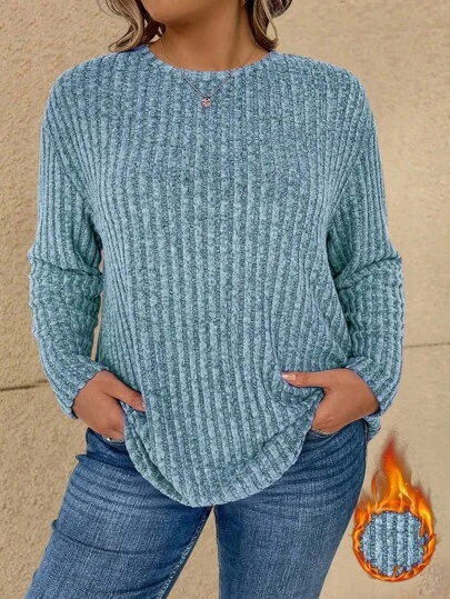 Vionelle Plus Size Women Drop Shoulder Casual Ribbed Knit Pullover T-Shirt, Autumn/Winter