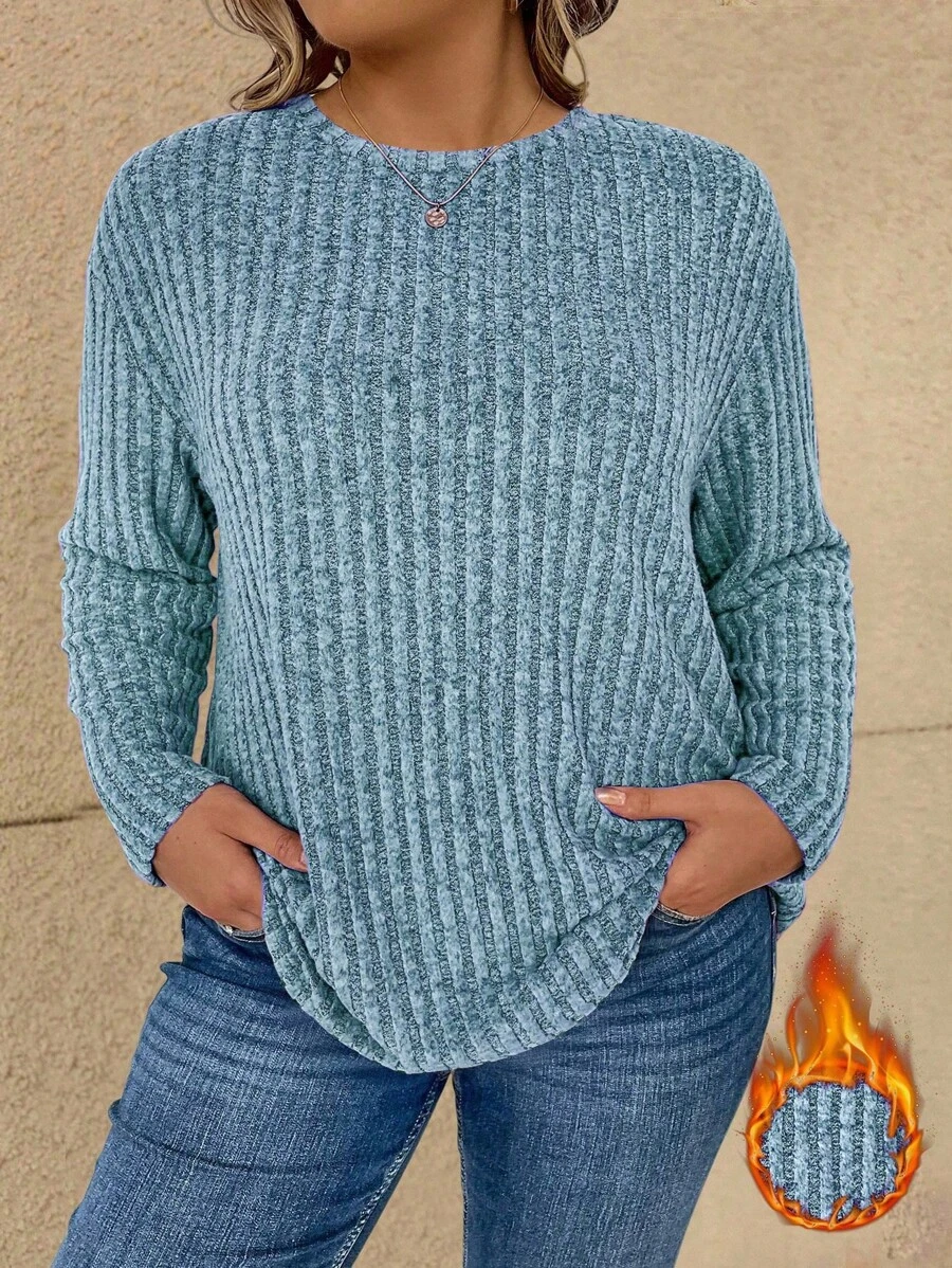 EMERY ROSE Damen Große Größen Lässig Rippstrick Pullover T-Shirt mit Dropped Shoulder, Herbst/Winter