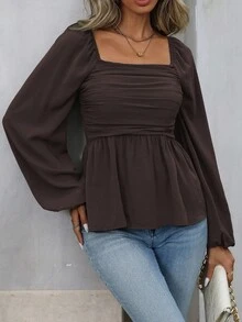 EMERY ROSE Women's Solid Color Square Neck Lantern Sleeve Ruffle Hem Fashionable Blouse - Chocolate Brown - View 7