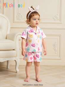 女童休闲条纹心形印花开衫短袖上衣和短裤套装，仿阻燃家居服