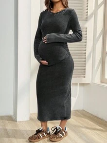SHEIN 孕妇纯色圆领修身优雅长袖连衣裙 - 黑色 - 查看 6