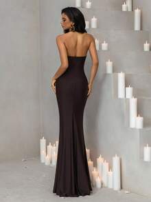 Vowa 优雅手工串珠方领紧身连衣裙，适合宴会、派对、商务活动等场合 - 摩卡棕 - 查看 4