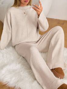 EURMUSE "Soft Glow Luxe Lounge Set" – Minimalist Knit Co-Ord In Almond Cream,Winter Clothes Women,Winter Clothes,Autumn Outfits Women - Beige - View 1