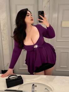 Flirla Plus Size Women's V-Neck Lace Patchwork Hollow Out Elegant Vintage Sexy Long Sleeve Purple T-Shirt, Autumn/Winter Fall Cloth For Women