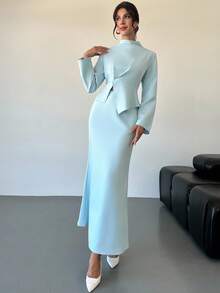 Firerie 女士优雅休闲都市通勤时尚百搭蓝色长袖立领不对称下摆衬衫搭配直筒裙套装，秋季穿搭 - 淺藍色 - 查看 5