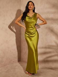 Hauture 女式性感夏季度假夜外出低垂后背橄榄绿缎面长裙 - 綠色 - 查看 3