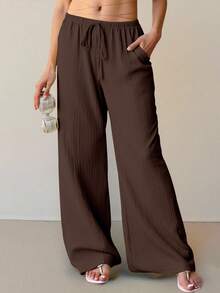 ReShift Pantalones anchos de unicolor casuales de talla grande - Marrón - Ver 3