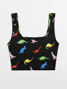SHEIN EZwear Dinosaur Print Tank Top - Black - View 4