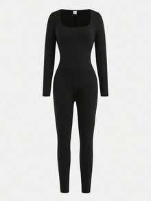 Girlism Teen Girls Elegant Casual Solid Black Long Sleeve Snug Fit U-Neck Jumpsuit Jumpsuit For Teens Teen Jumpsuit One Piece Jumpsuit Body Suit Ribbed Jumpsuit Fall Winter - Black - View 6