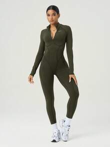 Powerista Solid Color Zipper Stand Collar Tight Fit Long Sleeve Jumpsuit - Army Green - View 6