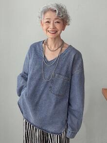 FRIFUL 女士休闲水洗落肩宽松牛仔衬衫 女士牛仔上衣 牛仔上衣 宽松衬衫 长袖牛仔上衣 - 藍色 - 查看 7