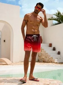 Manfinity Swimmode Pantalones cortos de playa casuales y sueltos con cordón para hombre, estilo ombre, de verano - Rojo - Ver 2