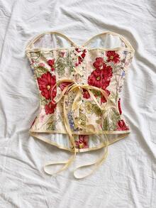 Soleia 复古牛仔印花系带抹胸短款上衣，适合度假、派对、约会、情人节、复活节、狂欢节、下午茶、海滩、邮轮、城市度假、秋冬分层搭配、一字肩上衣、一字肩毛衣、基本款上衣、外套、教师装、返校装、女士冬装、女士秋装、生日、街头服饰、女士约会之夜、女士办公室装、万圣节、音乐节服装、秋冬上衣 - 彩色 - 查看 2