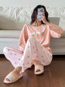 DAZY 卡通草莓熊印花全印花宽松女士睡衣上衣和裤子套装，秋季服装 - 粉色 - 查看 5