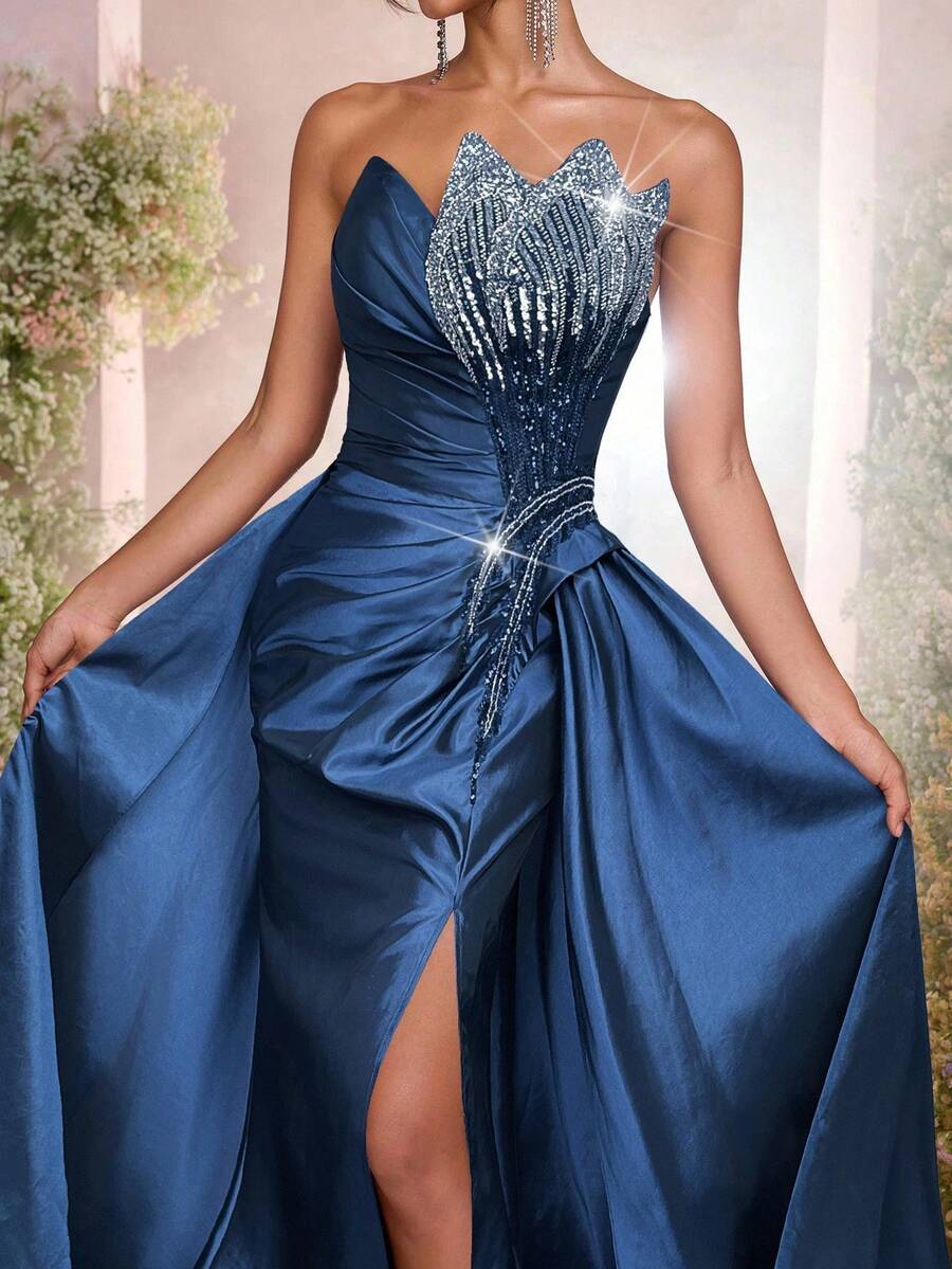 Glamrae 优雅串珠花卉设计露肩美人鱼长裙，喇叭下摆，适合婚礼、派对、度假、庆典、正式活动（重度装饰） - 藏蓝色 - 查看 1