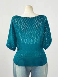 Sunspun 大码女式时尚优雅深色 Y2K 风格短袖针织上衣，适合春夏秋装，适合通勤 - 水鴨藍 - 查看 2