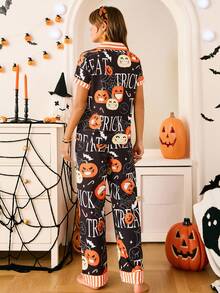 Chillnights Halloween Pumpkin & Bat Print Lapel Collar Sleepwear Set For Women Halloween Pajamas Women Fall Pajamas Women Cute Pajama Set For Women Halloween Pajama Set Women Women Halloween Pajamas - Multicolor - View 2
