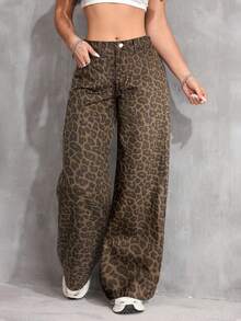 SHEIN Tween Girls Vintage 90s Leopard Print Loose Pocket Casual High Waisted Jeans Versatile Denim Wide Leg Jeans Y2k,Teacher Outfits For Girl,Back To School Outfits Girls,Church Dress,Business Casual Outfits Girl,Cargo Denim Jeans Dress,Girls Fall Winter Baggy Pants,High-Waisted Long Wide Leg Denim Jeans With All Over Leopard Print For Teens,Teen Girls Brown Leopard Print Wide Leg Denim Jeans For Streetwear Style, Leopard Print Pants, Wide Leg Pants, Animal Print Pants, Leopard Pants, Loose Pants - Brown - View 1