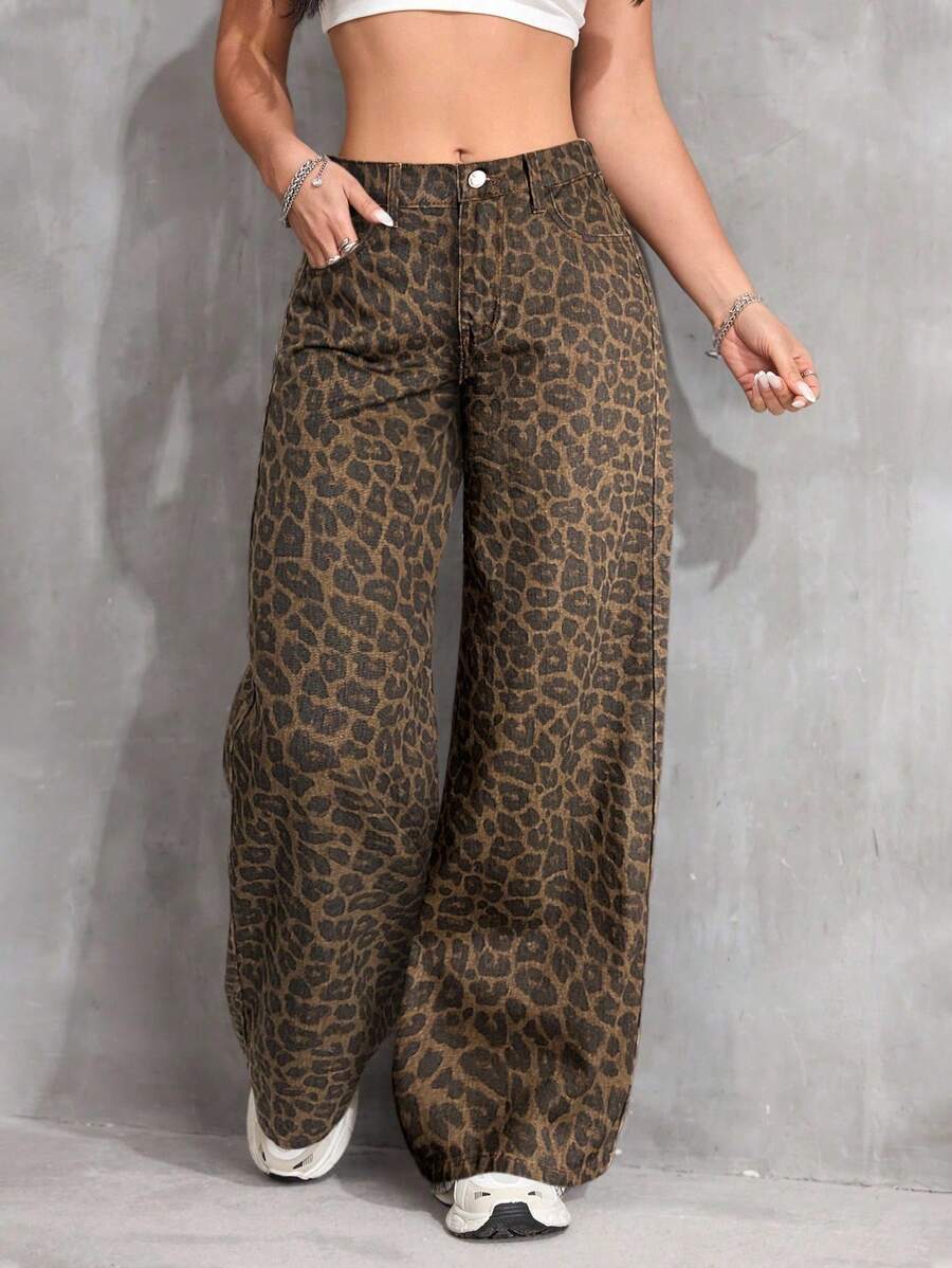 SHEIN Tween Girls Vintage 90s Leopard Print Loose Pocket Casual High Waisted Jeans Versatile Denim Wide Leg Jeans Y2k,Teacher Outfits For Girl,Back To School Outfits Girls,Church Dress,Business Casual Outfits Girl,Cargo Denim Jeans Dress,Girls Fall Winter Baggy Pants,High-Waisted Long Wide Leg Denim Jeans With All Over Leopard Print For Teens,Teen Girls Brown Leopard Print Wide Leg Denim Jeans For Streetwear Style, Leopard Print Pants, Wide Leg Pants, Animal Print Pants, Leopard Pants, Loose Pants - Brown - View 1