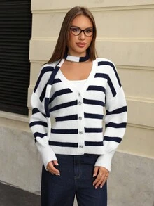 Flirla Damen Lässiger Pendler V-Ausschnitt Locker Kontrast Gestreiftes Muster Knopf-Cardigan, Herbst/Winter - Blau-Weiß - Übersicht 3