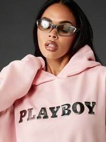 Missguided x Playboy Oversized Graphic Hooded Sweatshirt With Metallic Logo Print For Winter Loungewear - Pink - View 4