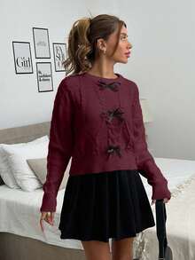 Casual Braided Bow Knit Long Sleeve Pullover Sweater,Jumper,Jumpers For Women,Cream Jumper,Jumpers,Christmas Jumper,White Jumper,Black Jumper,Ladies Jumper,Tall In Women,Women's Jumpers