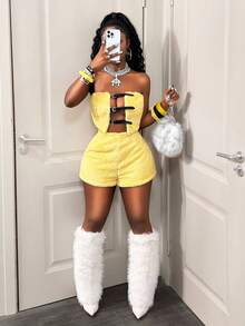 BamGleam Women's Buckle Design Hollow-Out Fluffy Sexy Cropped Tube Top - Yellow - View 6