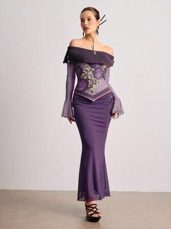 ROMWE Avant Blouse élégante et sexy à épaules dénudées avec imprimé floral, manches évasées en maille et patchwork tricoté pour femmes