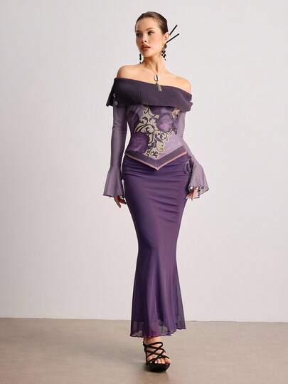 ROMWE Avant Sexy & Elegant Off-Shoulder Floral Print Mesh Flare Sleeve Knit Patchwork Blouse For Women