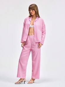 LOUNGEISTA Conjunto de pijama de 2 piezas para mujer con blusa de manga larga con botones a rayas y pantalón con cordón, ropa de otoño - Rosa Fucsia - Ver 4