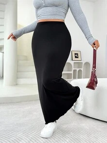 Solflare 大码黑色高腰休闲百搭紧身半身裙