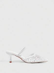 CUCCOO SZL Women's White Rhinestone Embellished Pointed Toe Chunky Heels Pumps - White - View 3