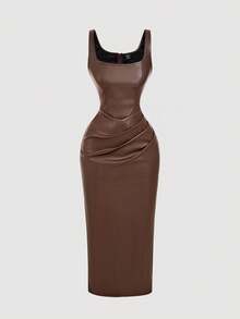 SHEIN MOD 加大码 PU 皮革女士棕色连衣裙、女士鸡尾酒会礼服、女士生日礼服、冬装、秋装、优雅派对礼服、正式礼服、晚礼服别致婚礼 - 棕色 - 查看 4