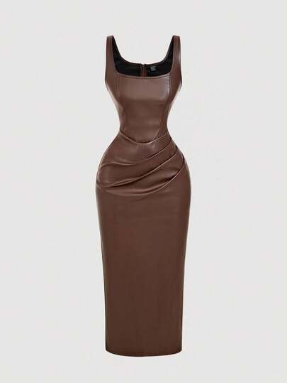 SHEIN MOD Vestido de mujer de piel sintética marrón de talla grande, vestidos de cóctel para mujer, vestidos de cumpleaños para mujer, vestido de invierno, vestido de otoño, vestidos elegantes para fiesta, vestido formal, vestido de noche elegante para boda