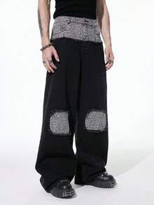 ROMWE MEN Grunge Punk Men's Leopard Print Patchwork Wide Leg Loose Fit Jeans - Black - View 3