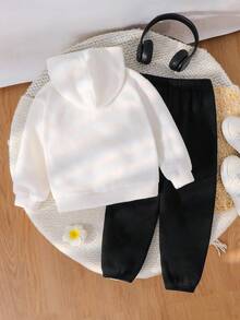 2pcs Young Boys White Autumn Back-To-School Career Day Letter Embroidered Fuzzy Collar Jacket,Elastic Waist Pants,Kids Jogger Hoodie Sweatpants Set - Black and White - View 2