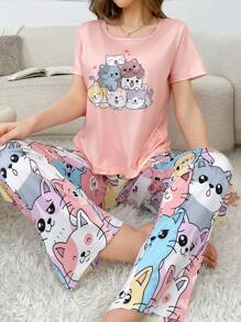Snug Zone Conjunto de pijama de mujer con estampado de gato lindo y contraste de colores - Multicolor - Ver 5