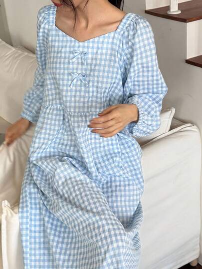 DAZY Sweet Bow Decor Plaid Lantern Sleeve Women's Nightgown, Fall Pajama