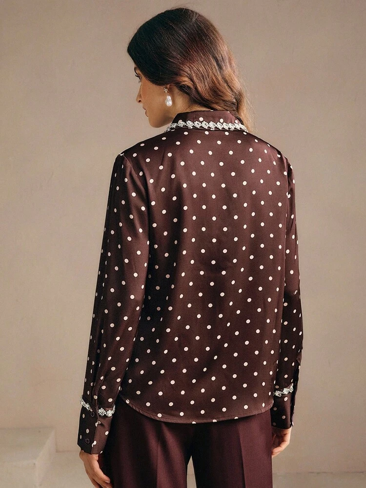 Stylish Polka Dot Long Sleeve Stand Collar Blouse With Rhinestone Chain Decor, Suitable For Fall, Winter, New Year, Elegant, Chic, Stylish, Christmas, Going Out, Winter Clothes For Women