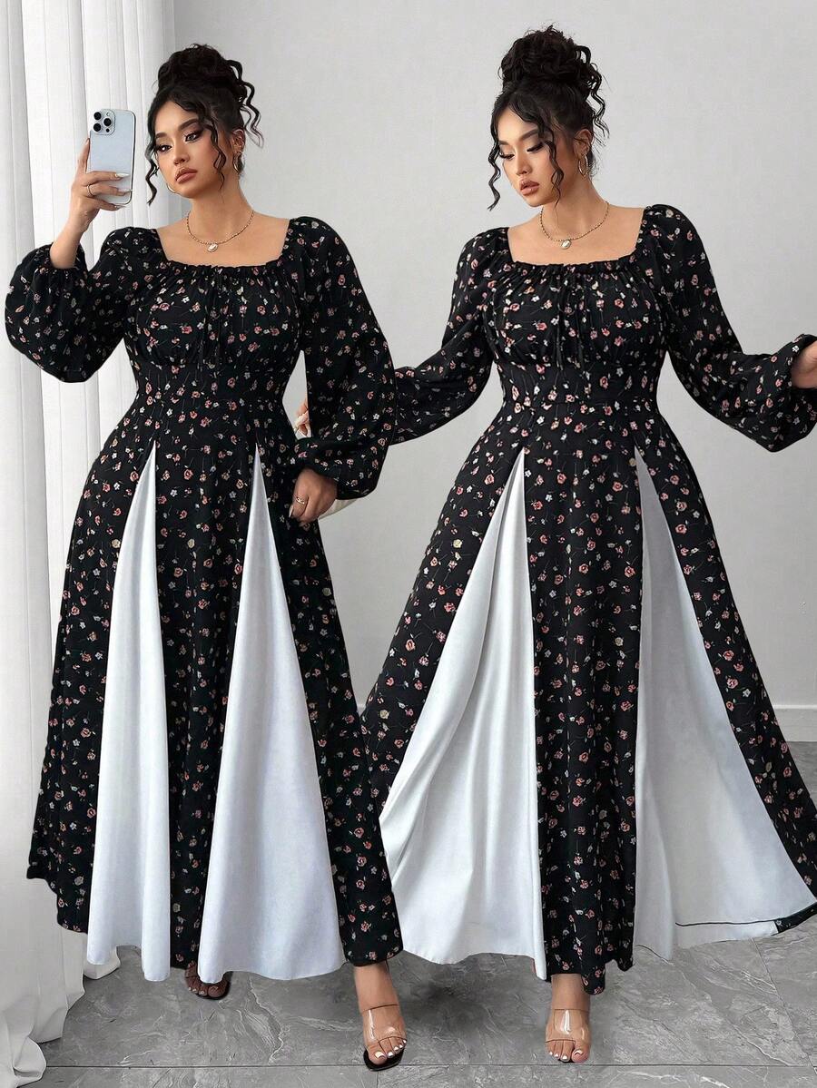 Elenzga Vestido longo plus size feminino com estampa floral gótica, casual, francês, romântico, elegante, cintura marcada, amarração frontal, gola quadrada, manga comprida, punho elástico - Multicolorido - Ver 1