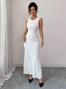 Elenzga Elegant Cream White Sleeveless Pearl Decor Round Neck Wedding Guest Dress, Autumn - White - View 3