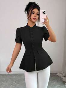 Elenzga 女士休闲别致西西里优雅衬衫，浪漫法式风格，适合通勤、度假、下午茶、派对，纯色，立领，前扣，泡泡袖，A 字型，装饰口袋，短袖，春夏 - 黑色 - 查看 5