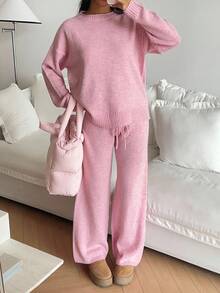 SHEIN Unity 2pcs Women Casual Loose Fit Drop Shoulder Long Sleeve Sweater And Knit Pants Set, Autumn