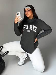 Rhythm Era 大码女式秋季字母印花插肩袖拉链半开襟休闲卫衣，运动健身卫衣，运动服 - 黑色 - 查看 4