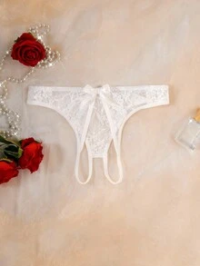 SHEIN 女士性感蕾丝蝴蝶开裆内裤 - 白色 - 查看 5