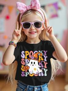 SHEIN Camiseta de manga corta y cuello redondo básica de uso casual con gráficos de Halloween para niña, 3 piezas en colores crema rosa, crema naranja y negro con calabazas lindas, fantasmas, moños y frases de la temporada de miedo, ideal para el otoño y la comodidad - Multicolor - Ver 5