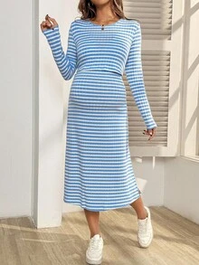 SHEIN 孕妇休闲条纹侧开衩哺乳连衣裙 - 淺藍色 - 查看 3