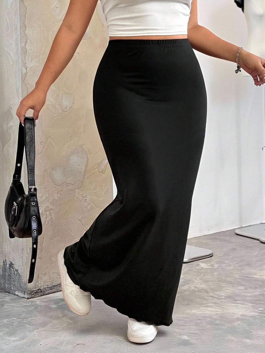 SHEIN EZwear Black Long Pencil Skirt For Plus Size Women, Casual